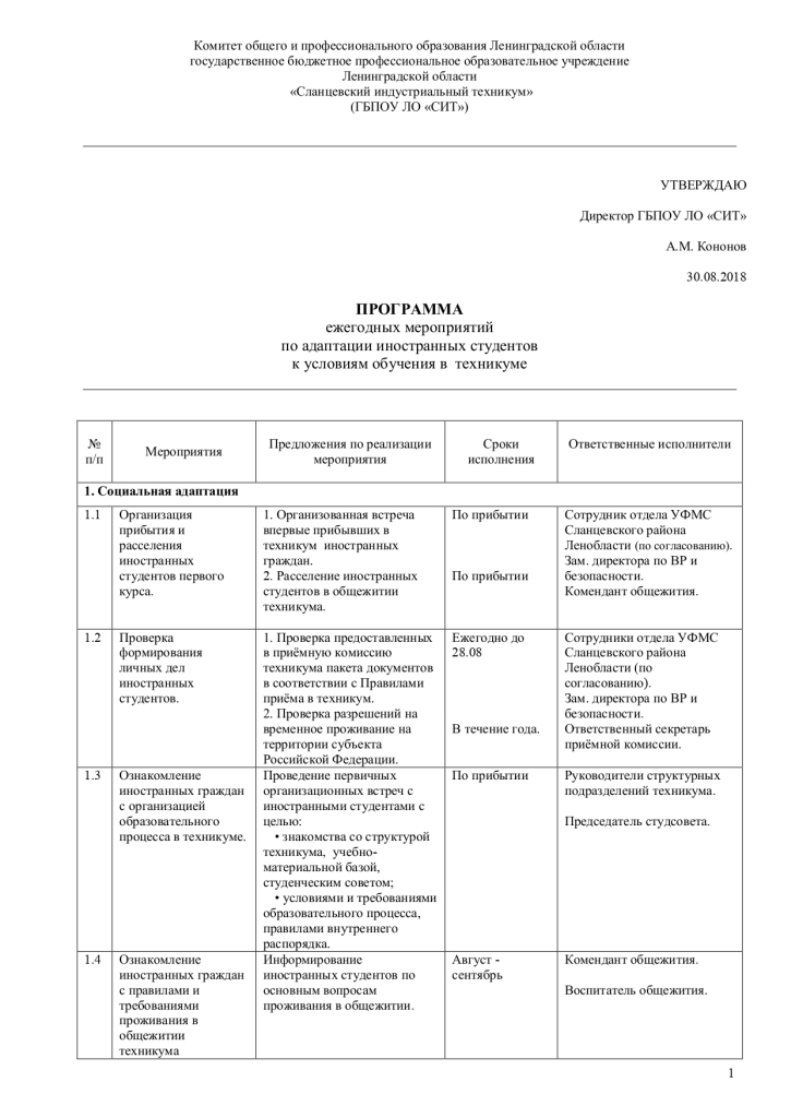 Программа ежегодных мероприятий по адаптации иностранных студентов к условиям обучения в техникуме